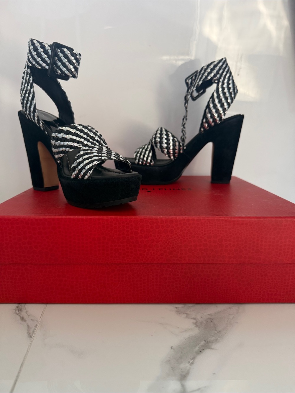 Donald J Pliner Niketa Woven Leather Platform Sandals Black Silver 6